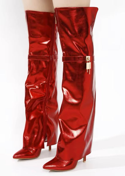 Women Fashion PU Leather Over The Knee Buckled Lock Boots