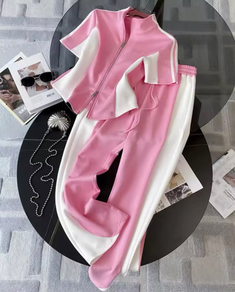 Women Fashion Color Patchwork Short Sleeve Tracksuit Two Piece Pant Set