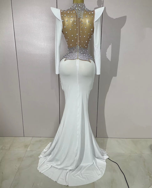 Women Sexy Rhinestone Pearl Mesh Patchwork Maxi Dress