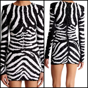 Women B&W Printed Sexy Sequins Full Sleeve Dress