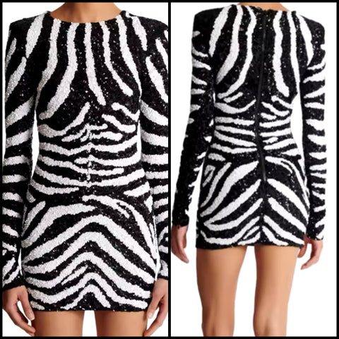Women B&W Printed Sexy Sequins Full Sleeve Dress
