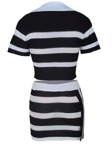 Women Sexy Striped Short Sleeve Two Piece Skirt Set