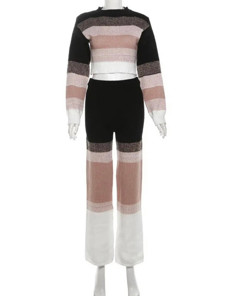 Women Multicolored Striped Fashion Two Piece Full Sleeve Pant Set
