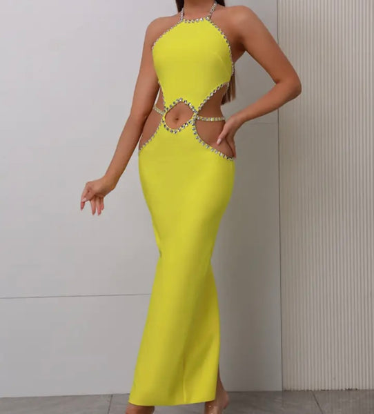 Women Yellow Rhinestone Sexy Halter Sleeveless Maxi Dress