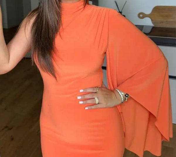 Women Sexy Orange One Shoulder Full Sleeve Maxi Dress