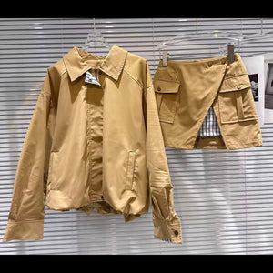 Women Fashion Khaki Jacket Two Piece Cargo Skirt Set