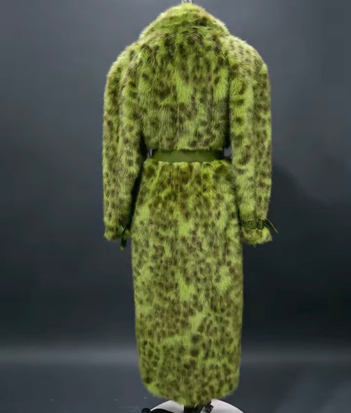Women Fashion Green Leopard Print Faux Fur Long Jacket