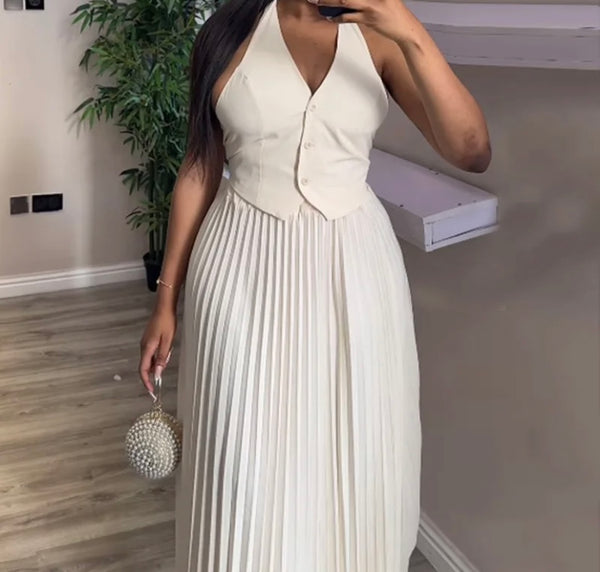 Women Sexy Button Up Sleeveless Vest Two Piece Pleated Skirt Set