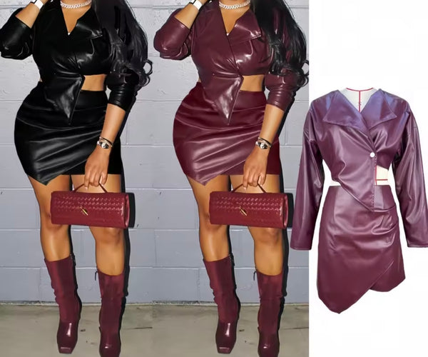 Women Color Fashion Faux Leather Two Piece Skirt Set