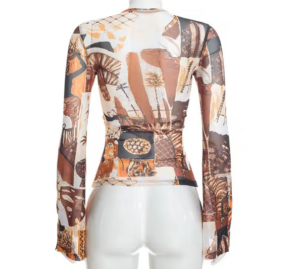 Women Sexy Cut Out Lace Up Full Flare Sleeve Top