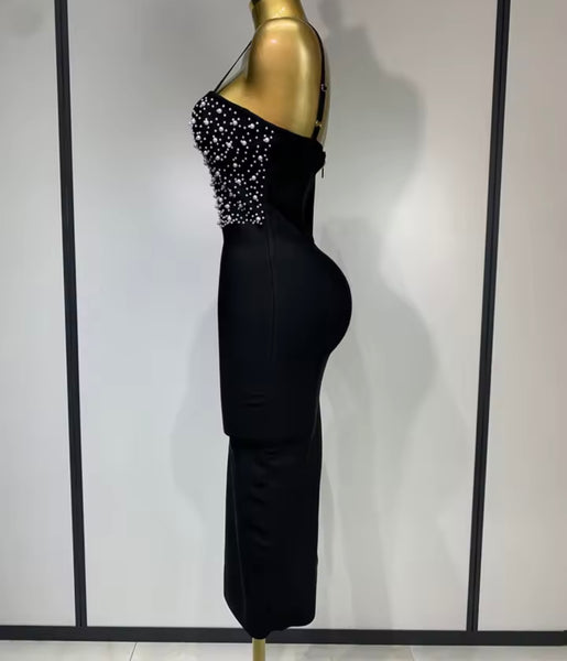 Women Sexy Sleeveless Beaded Pearl Bandage Dress
