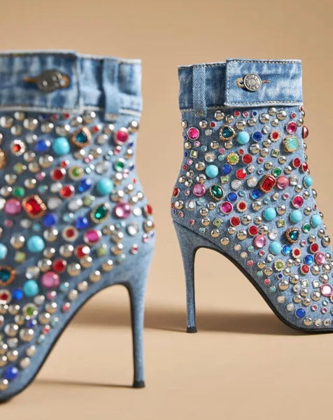 Women Colorful Gem Pointed Toe High Heel Denim Ankle Boots