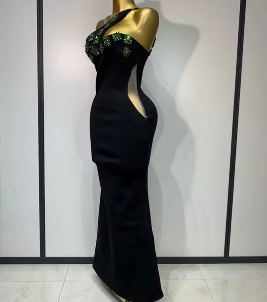 Women Sexy Black One Shoulder Green Floral Crystal Maxi Dress
