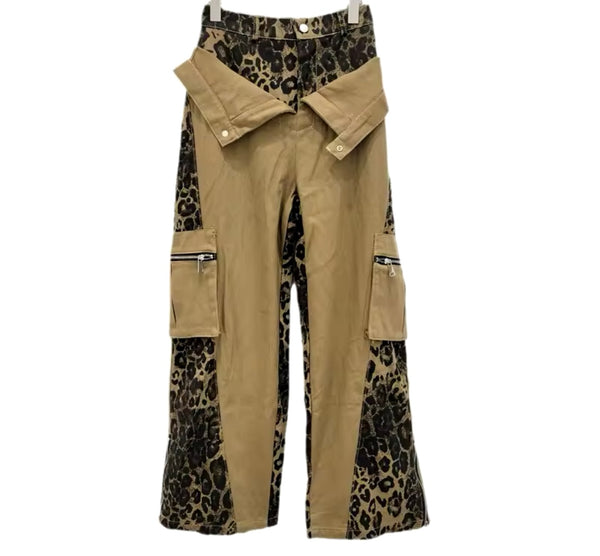 Women Fashion Khaki Leopard Patchwork Cargo Denim Pants