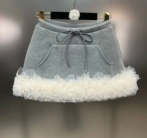 Women Fashion Color Patchwork Ruffled Drawstring Skirt