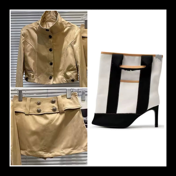 Women Fashion Button Up Buckled Jacket Two Piece Skirt Set