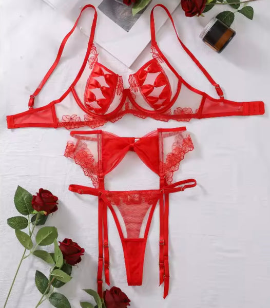 Women Sexy Red Bow Mesh Lingerie Set