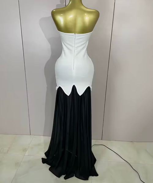Women Sexy Strapless B&W Pearl Mesh Maxi Dress