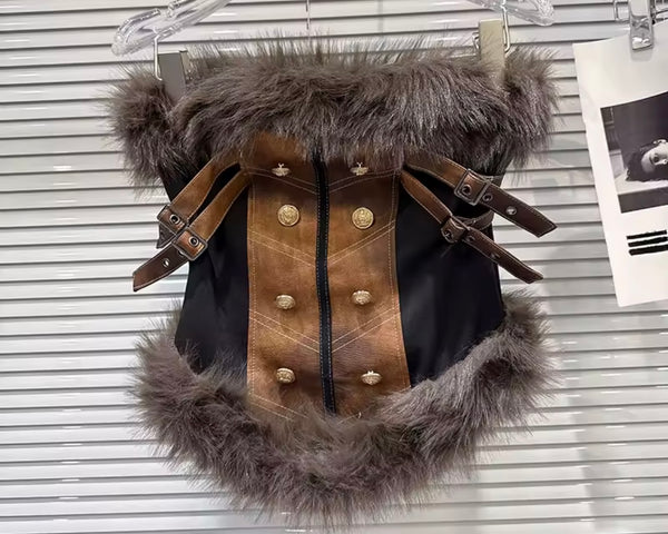 Women Fashion Strapless Fur Patchwork Corset Top