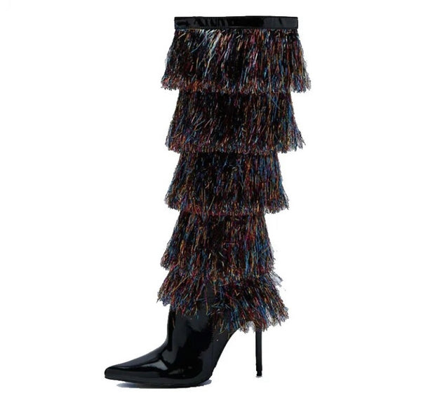 Women Fashion Pointed Toe Multicolored Fringe Knee High Boots