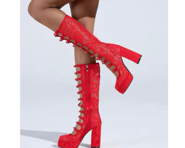 Women Color Fashion Lace Platform Knee High Boots