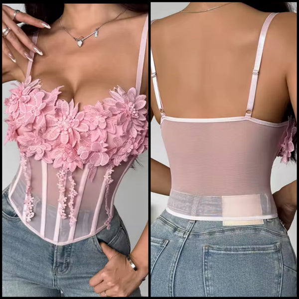 Women Pink Sleeveless Floral Mesh Tank Top