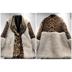 Women Fashion Sequins Leopard Print Faux Fur Jacket