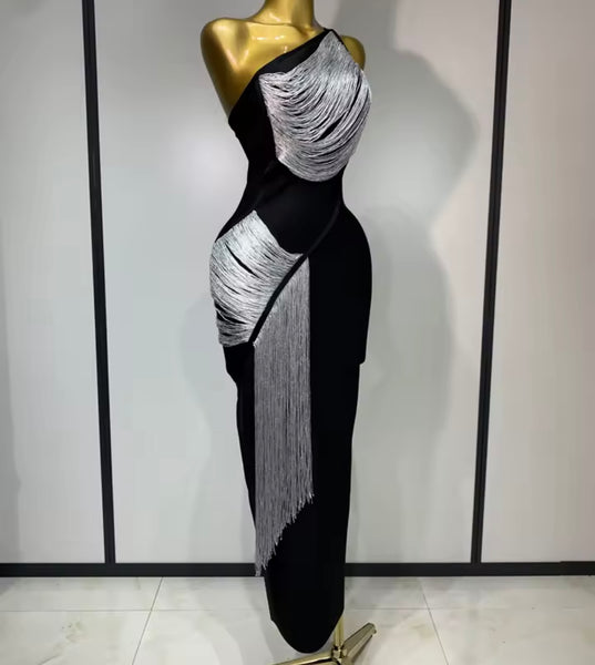 Women Black One Shoulder Sleeveless Fringe Tassel Dress