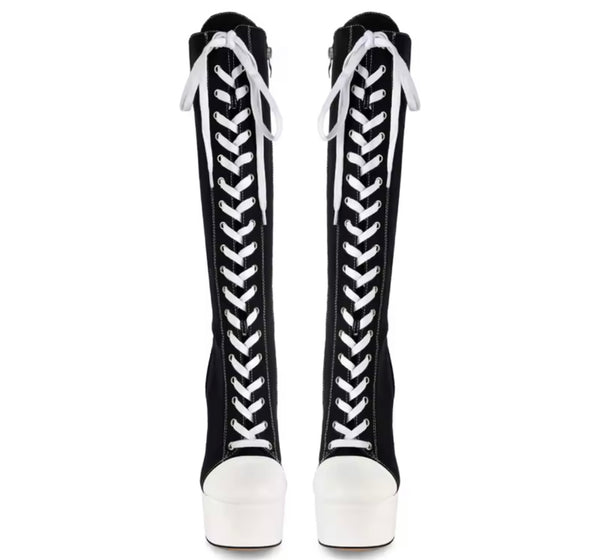Women Fashion Color Patchwork Platform Tie Up Knee High Boots