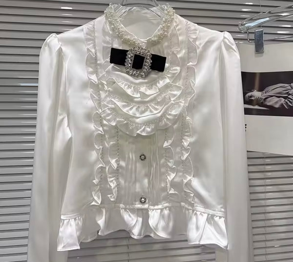 Women Ruffled Bling Button Up Bow Tie Full Sleeve Fashion Top
