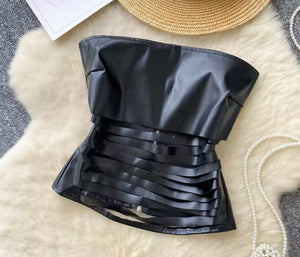 Women Strapless PU Ripped Fashion Crop Top