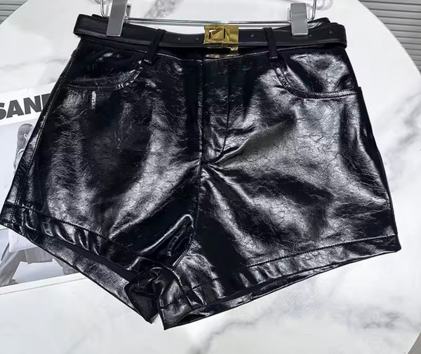 Women Fashion Buckled Sweater Two Piece Faux Leather Short Set