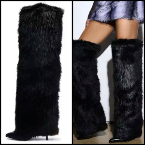 Women Fashion Black Faux Fur Over The Knee Boots