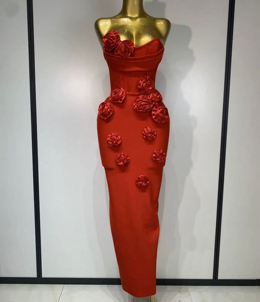 Women Strapless 3D Floral Sexy Bandage Maxi Dress