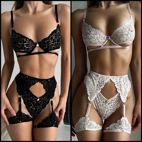 Women Sexy Rhinestone Lace Lingerie Set