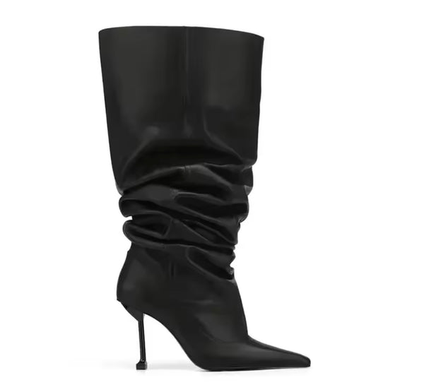 Women Pointed Toe Ruched Fashion Knee High Boots