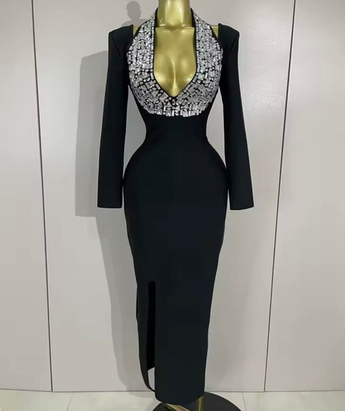 Women Black Rhinestone Halter Full Sleeve Sexy Maxi Dress