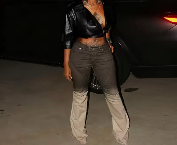 Women Color Fashion Zip Up Buckled Faux Leather Crop Jacket