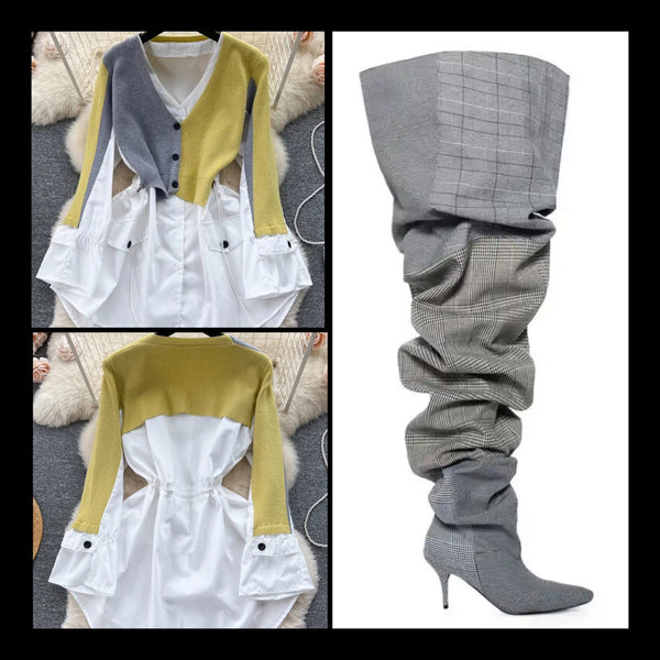 Women Fashion Plaid Thigh High Boots