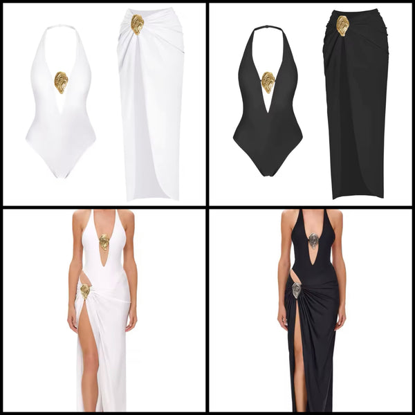 Women Sexy Solid Color Gold Metal Cut Out Halter Swimsuit Cover Up Set