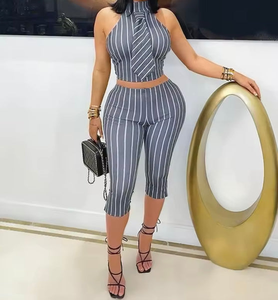 Women Striped Tie Sleeveless Fashion Two Piece Capri Pant Set
