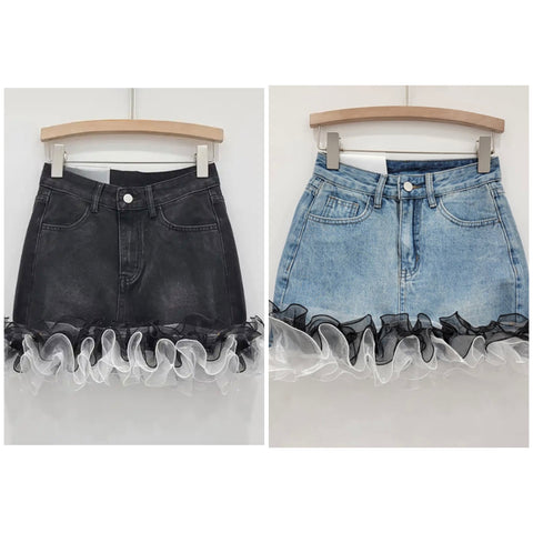 Women Fashion Ruffled Mesh Denim Skirt