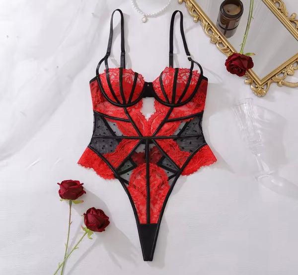 Women Sexy Color Patchwork Lace Bodysuit Lingerie
