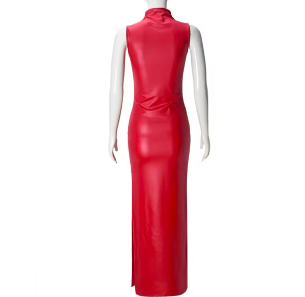 Women Sexy Sleeveless PU Color Maxi Dress