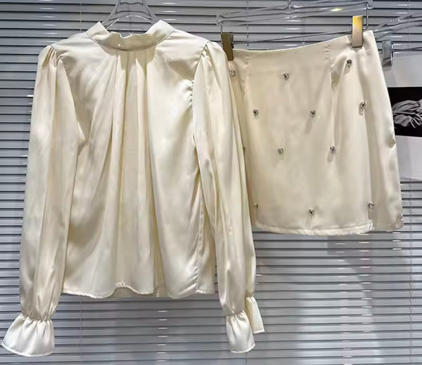 Women Sexy Satin Rhinestone Full Sleeve Two Piece Skirt Set