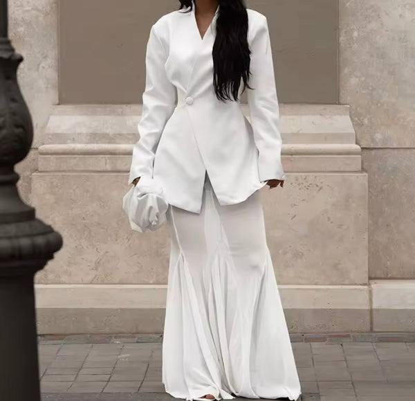 Women Sexy Full Sleeve Blazer Two Piece Mesh Maxi Skirt Set