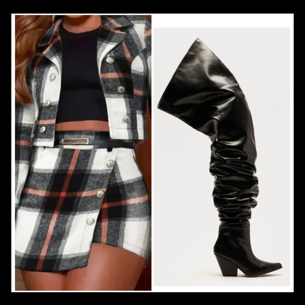 Women Black Over The Knee Faux Leather Western Boots