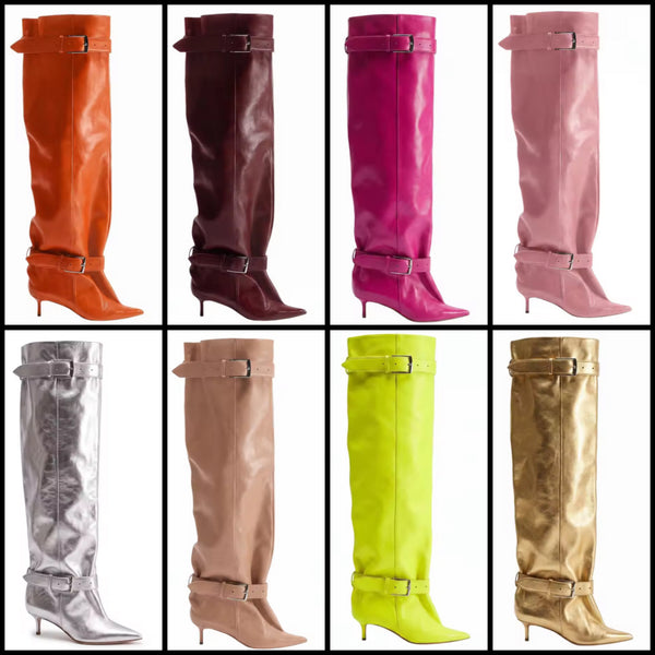 Women Pointed Toe Double Buckle Knee High Boots