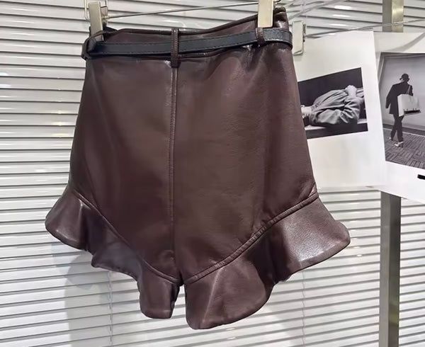 Women Brown Bow Button Up Full Sleeve Two Sleeve Ruffled Short Set