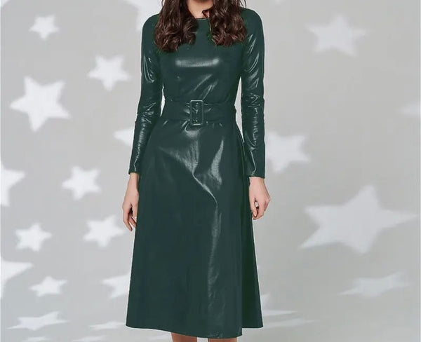 Women Fashion Faux Leather Belted Maxi Dress